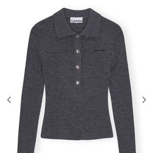 Ganni Grey Merino Ribbed Polo XS